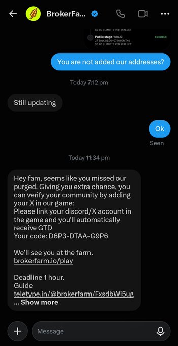 A Telegram chat with BrokerFarm showing a wallet message about addresses, followed by a DM offering a verification code D6P3-DTAA-G9P6 to receive a GTD spot.