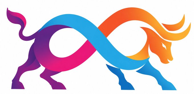 A colorful digital illustration of a bull, where its body forms a figure-eight infinity shape in vibrant purple, pink, blue, and orange gradient colors.