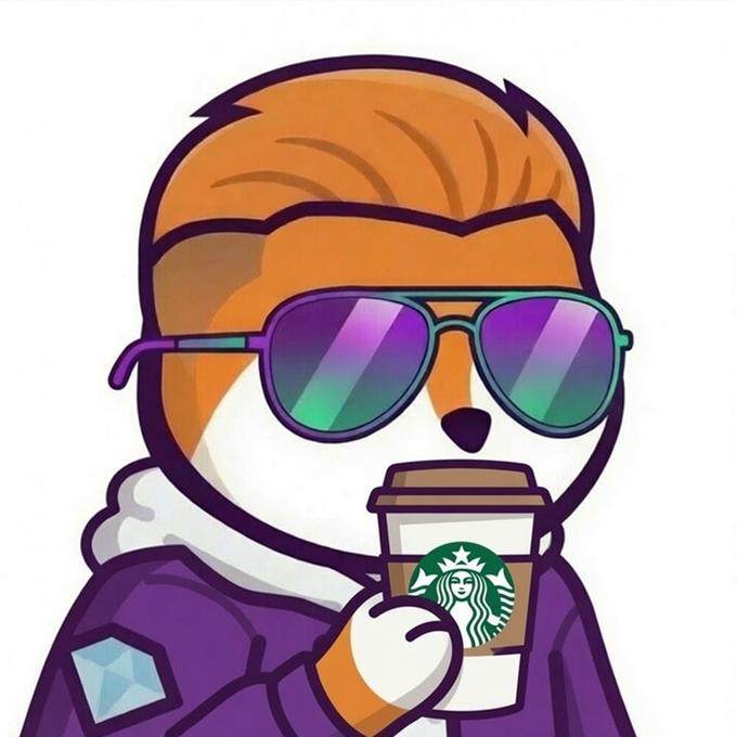 A digital illustration of a cartoon fox wearing rainbow-tinted aviator sunglasses and a purple jacket, sipping from a Starbucks coffee cup.