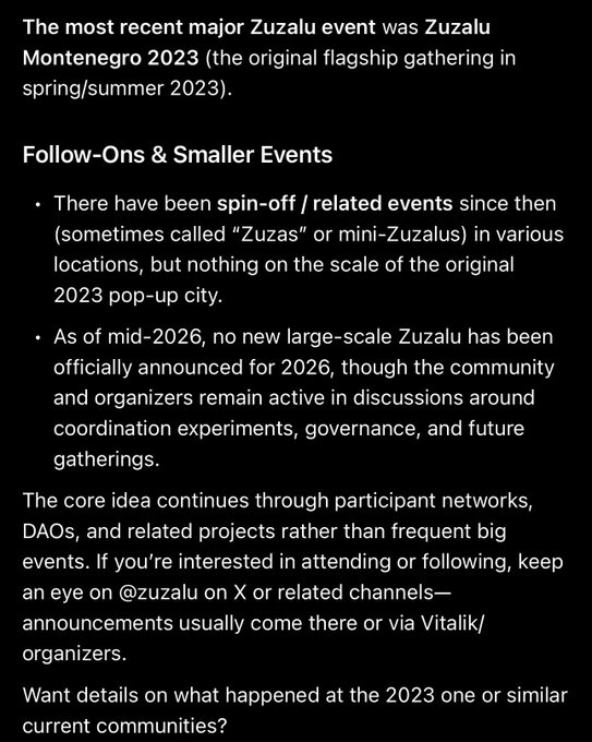 Text discussing the Zuzalu Montenegro 2023 event as the most recent major gathering, noting no large-scale 2026 event has been announced.