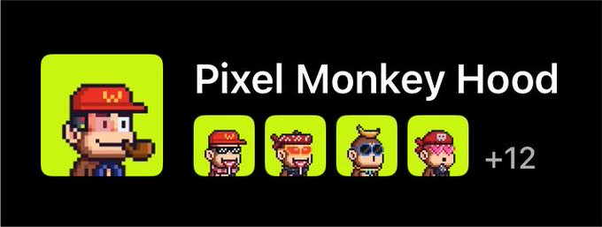 A promotional banner for the "Pixel Monkey Hood" NFT collection displays pixel art monkey characters in various outfits on a black background, with a main featured monkey on the left, four smaller character variations, and a "+12" indicator showing additional variations available. The image aligns with the post, celebrating the collection as a holding investment since its mint.