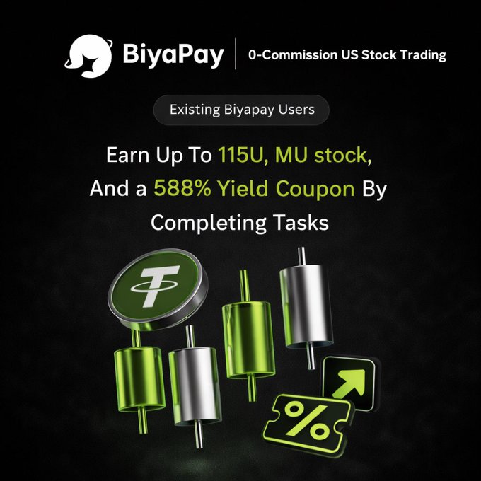 A BiyaPay promotional graphic advertising '0-Commission US Stock Trading' with an offer to earn 115U and MU stock, plus a 588% yield coupon by completing tasks.