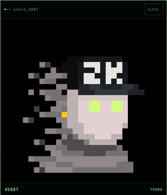 A pixel art NFT image labeled 'shark_5887' (#5887) depicts a gray character wearing a black cap with '2X' on it, featuring glowing green eyes.
