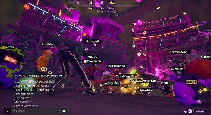 A chaotic virtual gaming environment with multiple avatars and player usernames like 'FarmerAcob,' 'Geez Banana,' and 'Apewhale' floating in a neon-lit amphitheater.
