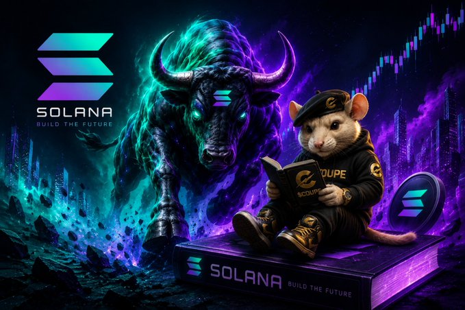 Digital artwork featuring a glowing bull, a mouse in a beret reading a book, and the Solana logo with the text 'SOLANA - BUILD THE FUTURE' against a dark cyberpunk background.