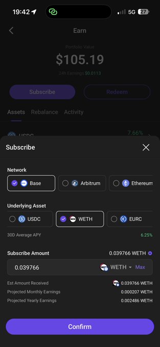 A mobile app screen showing a cryptocurrency 'Subscribe' page with a portfolio value of $105.19, displaying options for Base network and WETH underlying asset at 6.25% APY.