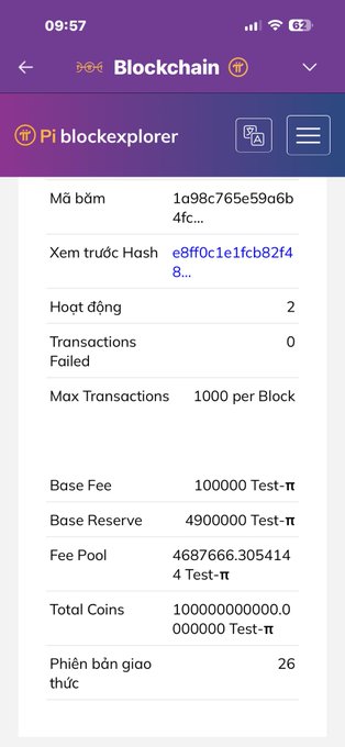 A screenshot of the Pi blockchain explorer mobile app displaying block details, including "Protocol Version 26" ("Phiên bản giao thức 26") with 100000 Test-π total coins, 2 activities, and 0 failed transactions, confirming the testnet upgrade mentioned in the post about Pi Network's V26 protocol rollout.