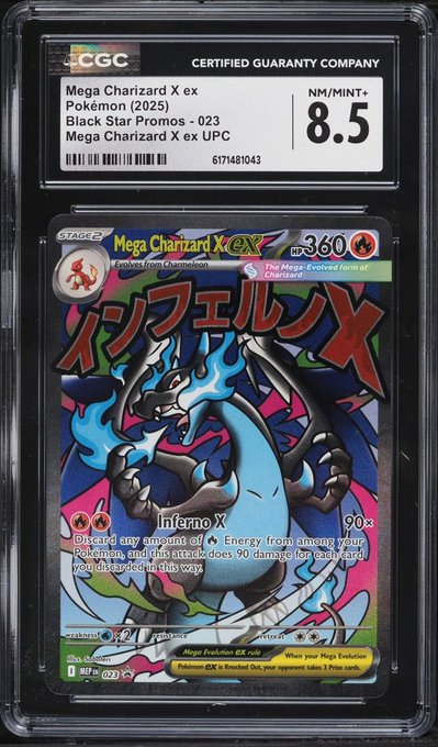 A CGC graded Pokémon card featuring Mega Charizard X ex from the Black Star Promos set (card 023), achieving a grade of 8.5 NM/MINT+.