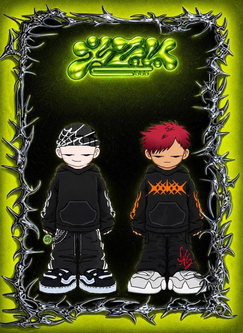 An artistic illustration features two cartoon-style characters in black streetwear (one with a bandana, one with spiky red hair) standing in front of a dark background framed by barbed wire, with a green graffiti-style logo at the top.