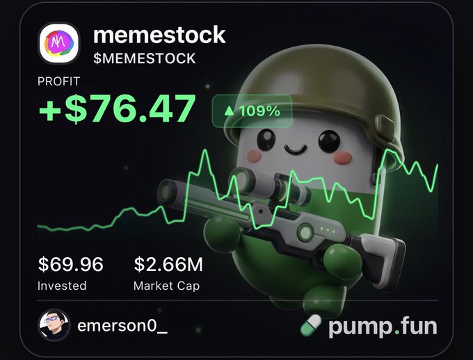 A pump.fun meme stock trading card shows a profit of +$76.47 (+109%) on $MEMESTOCK with a $69.96 investment and $2.66M market cap, featuring a cute soldier character holding a rifle.