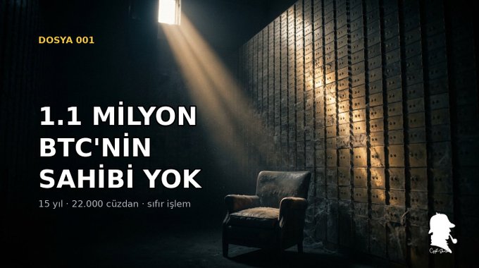 The image shows a dark, mysterious vault room filled with countless safe deposit boxes lining the walls, illuminated by a dramatic shaft of light shining onto a single worn armchair in the center. Turkish text reads "DOSYA 001" and "1.1 MİLYON BTC'NİN SAHİBİ YOK" (1.1 Million BTC Has No Owner), along with "15 yıl · 22.000 cüzdan · sıfır işlem" (15 years · 22,000 wallets · zero transactions). The visual reinforces the post's theme of forgotten, inaccessible Bitcoin locked away in dormant wallets since 2010.