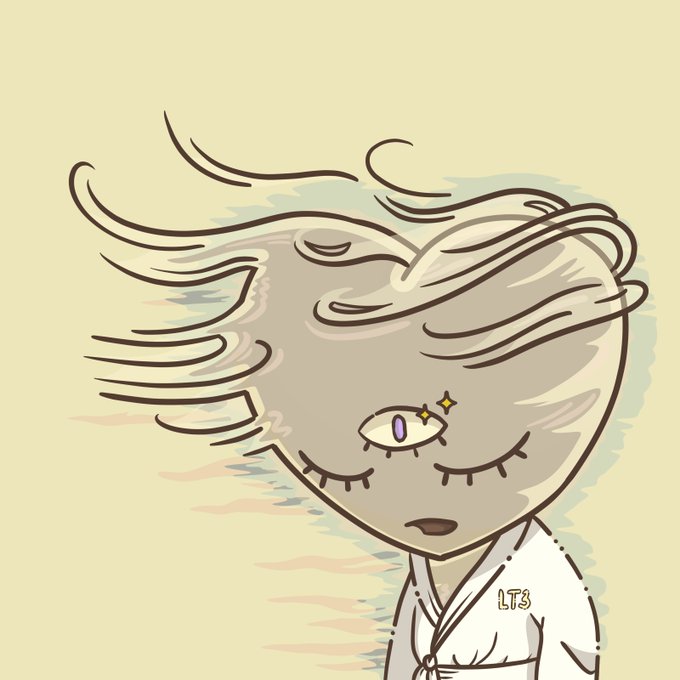 An anime-style illustration of a character with flowing silver hair and closed eyes, with a third eye open on their forehead, signed 'LTS' on their white robe against a pale yellow background.
