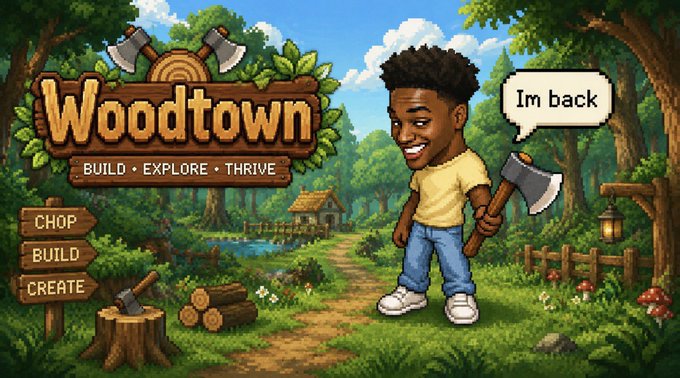 A cartoon character holding an axe with a speech bubble saying 'Im back' next to a 'Woodtown - BUILD • EXPLORE • THRIVE' logo with 'CHOP BUILD CREATE' buttons.