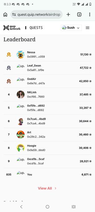 A mobile screenshot of a leaderboard on quest.quip.network showing rankings with the user 'Nessa' at the top with 51,130 points and 'You' ranked 835th with 6,871 points.