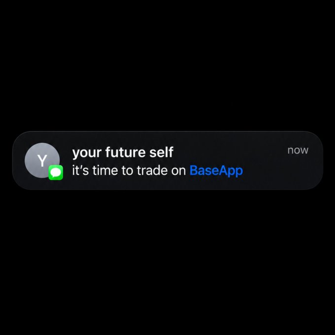 The image shows a screenshot of a messaging app displaying an email from BaseApp about trading. The text, in grey and white, reads "Your future self" and "It's time to trade on BaseApp". The conversation appears to be happening at Day 204, suggesting that the post was shared on BaseApp.