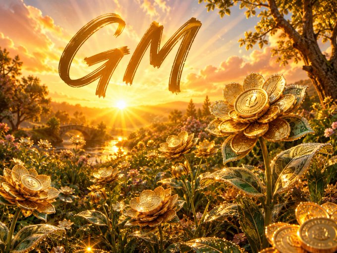A digital artwork displays golden flowers made of coins in a sunlit field, with the text 'GM' (Good Morning) rendered in large golden brushstrokes in the sky.