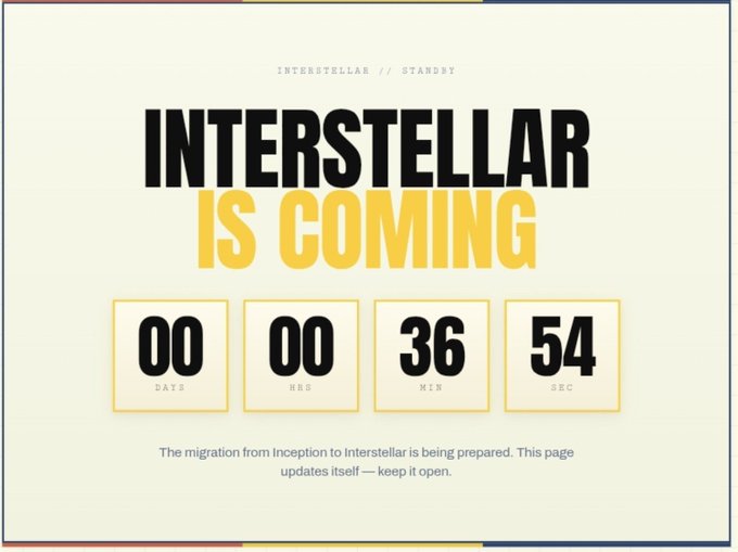 A countdown timer webpage with the header 'INTERSTELLAR IS COMING' displaying 00 days, 00 hours, 36 minutes, and 54 seconds, with text stating 'The migration from inception to Interstellar is being prepared.'