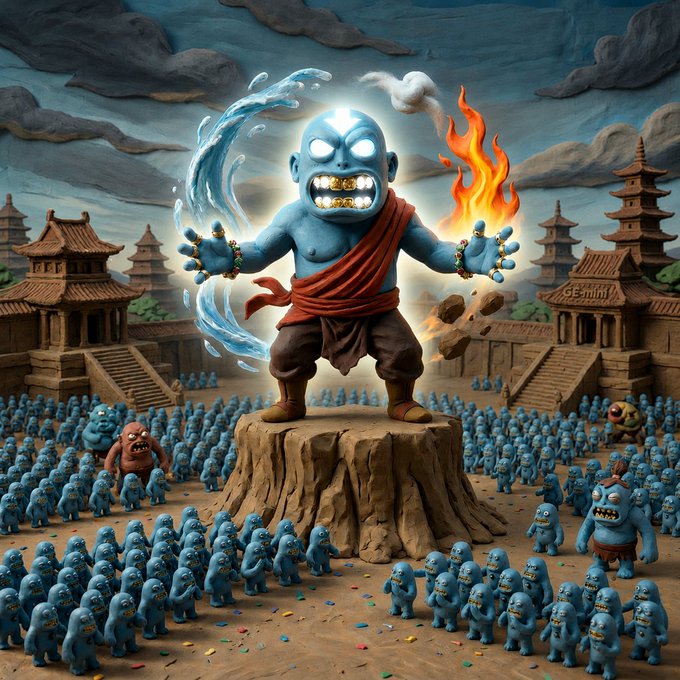 The image features a cartoon character, possibly a blue monster or a robot, standing on top of a rock with its arms outstretched as if ready for battle. The character appears to be surrounded by numerous other smaller figures, creating an impression of chaos and disorder. In the background, there are buildings that seem to be part of a cityscape, adding depth to the scene. The image also includes text that reads "G00d m0rning t0 abs0lutely every0ne wh0 believes in NFTs". This text seems to be related to the character or the post itself, possibly indicating some sort of connection between the cartoon figure and the concept of non-fungible tokens.
