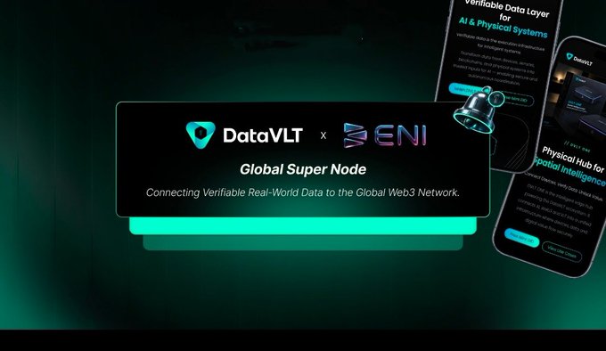 A promotional graphic announcing the partnership between DataVLT and ENI as part of the "Global Super Node" network, featuring their logos, a notification bell icon, and the tagline "Connecting Verifiable Real-World Data to the Global Web3 Network," alongside mobile screens previewing DataVLT's AI & Physical Systems and Spatial Intelligence offerings.