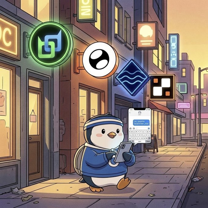 An illustration of a small penguin character wearing a blue outfit and backpack, walking down a city street at sunset while looking at a smartphone, surrounded by floating cryptocurrency icons.