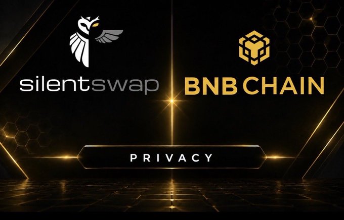 A promotional graphic featuring the logos of "silentswap" and "BNB CHAIN" with the word "PRIVACY" displayed at the bottom on a dark background with golden lighting.
