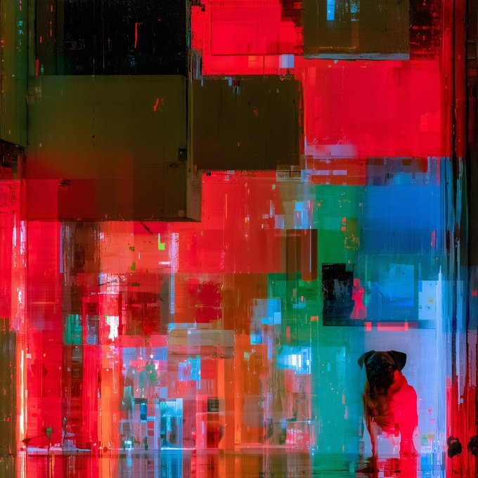 An abstract, colorful digital artwork featuring blocks of red, green, blue, and teal with a realistic dog sitting in the lower right portion.