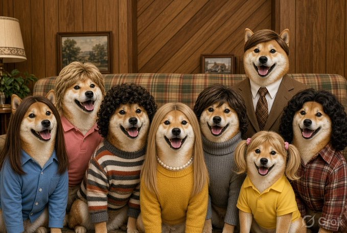 An AI-generated family portrait featuring seven Shiba Inu dogs with human bodies wearing various casual outfits, posed on a couch in a living room setting.