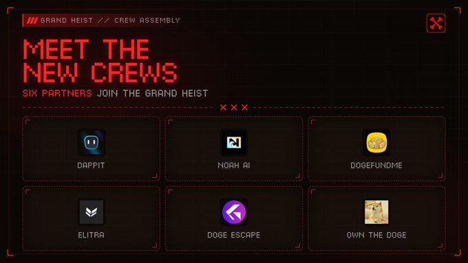 A dark-themed graphic with red pixel-art styling announces "MEET THE NEW CREWS" for the Grand Heist Crew Assembly, displaying logos for six new partners: DAPPIT, NOAH AI, DOGEFUNDME, ELITRA, DOGE ESCAPE, and OWN THE DOGE. The heist-inspired design reinforces the post's theme of assembling an expanding crew for "The Grand Heist" event.