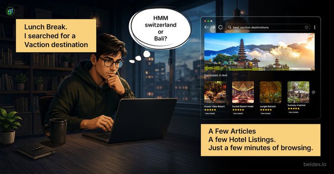 A man wearing glasses works on a laptop during his 'Lunch Break,' contemplating between Switzerland or Bali as a vacation destination while viewing travel articles and hotel listings.