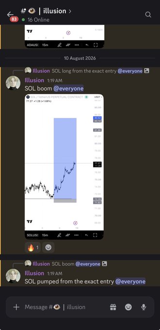 A Discord chat screenshot from the #illusion channel dated 10 August 2026 shows a user posting a SOLUSDT perpetual contract chart from VPVR with "SOL long from the exact entry @everyone," followed by a follow-up message declaring "SOL pumped from the exact entry @everyone," accompanied by a 🔥 reaction, directly corresponding to the post's claim that $SOL pumped from the exact entry point.
