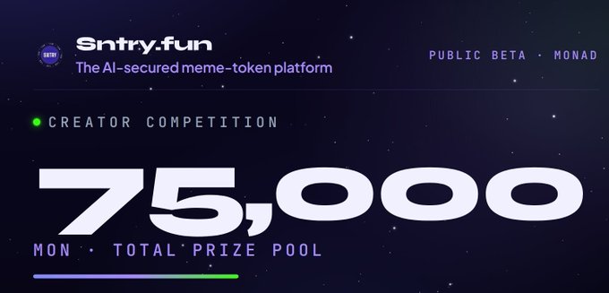 The image is a promotional graphic for Sntry.fun, labeled "Public Beta • Monad," announcing a Creator Competition with a total prize pool of 75,000 MON tokens. It directly supports the post by highlighting the 75,000 $MON incentive being offered through the platform's competition.
