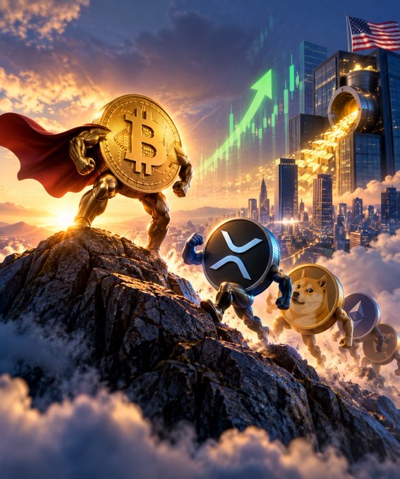 A digital illustration of superhero figures representing Bitcoin, XRP, Dogecoin, and Ethereum standing triumphantly on a mountain overlooking a city skyline with a rising green chart and an American flag.