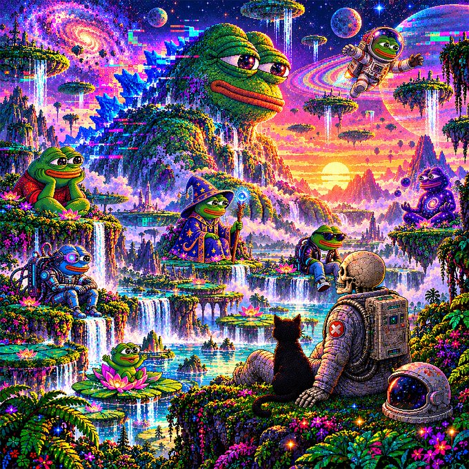 A vibrant, psychedelic AI-generated artwork featuring multiple Pepe the Frog characters in various roles (wizard, astronaut, hiker) in a fantastical landscape with waterfalls, floating islands, planets, and an astronaut cat and figure observing the scene.
