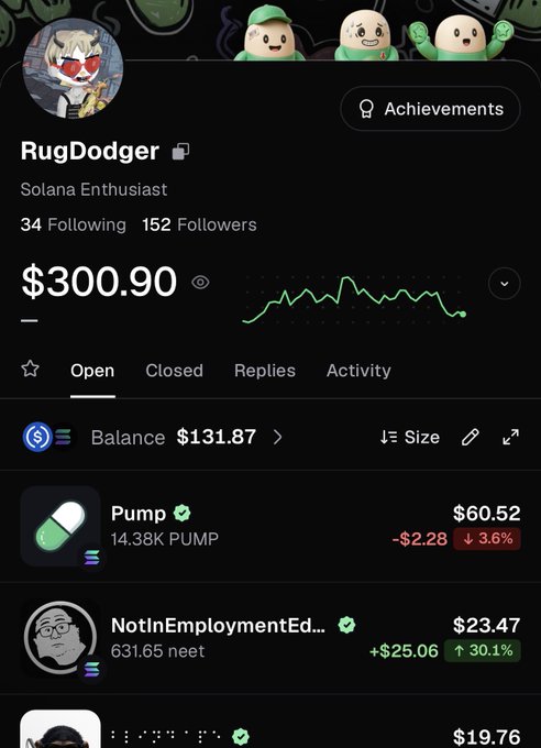 The image shows a trading profile for "RugDodger" (Solana Enthusiast), displaying a portfolio value of $300.90 with an active "Achievements" button prominently featured in the top right corner. The portfolio includes holdings like Pump ($60.52, down 3.6%), NotInEmploymentEd (neet, $23.47, up 30.1%), with the achievement feature being highlighted as a valuable aspect of the platform.