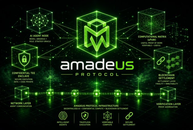 A promotional graphic for 'AMADEUS PROTOCOL' featuring green neon 3D cubes illustrating decentralized AI infrastructure components like 'AI AGENT NODE', 'CONFIDENTIAL TEE ENCLAVE', and 'BLOCKCHAIN SETTLEMENT'.