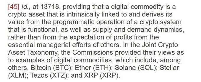 A legal text excerpt defining digital commodities, citing examples including 'Bitcoin (BTC); Ether (ETH); Solana (SOL); Stellar (XLM); Tezos (XTZ); and XRP (XRP).'
