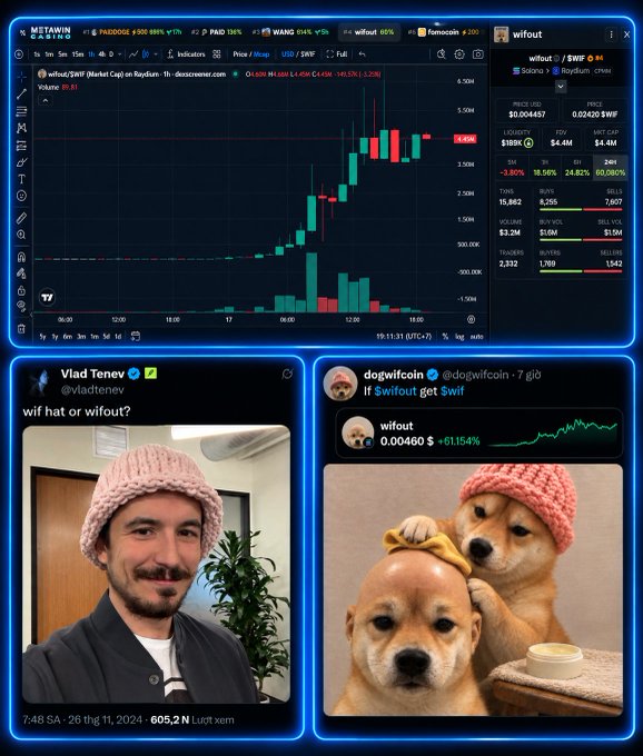 A crypto trading view showing $wifout token price chart on Raydium with tweets from Vlad Tenev (@vladtenev) and dogwifcoin asking 'wif hat or wifout?'