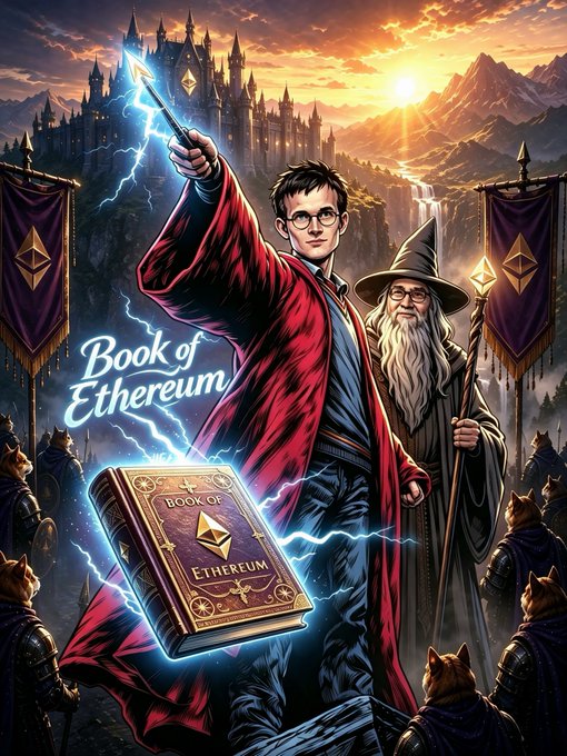 A fantasy-style movie poster titled 'Book of Ethereum' featuring a young wizard casting lightning magic with a wand, standing alongside an elderly wizard with a long white beard, with a magical book labeled 'BOOK OF ETHEREUM' floating before them against a castle backdrop.