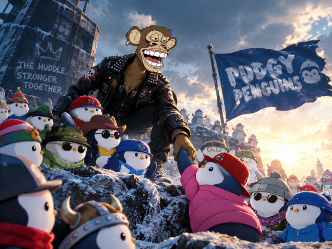 An illustration featuring a Bored Ape-style monkey in a leather jacket with penguins wearing various outfits, alongside a flag reading 'PUDGY PENGUINS' and a wall displaying 'THE HUDDLE STRONGER TOGETHER'.