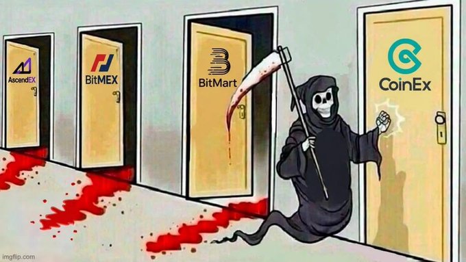 An 'imgflip.com' cartoon depicting the Grim Reaper standing before doors labeled AscendEX, BitMEX, and BitMart with blood on the floor, while the Reaper knocks on the CoinEx door, referencing crypto exchange hacks.
