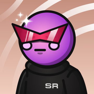 The image features a purple character with red glasses, standing against a light pink background. The character appears to be wearing a black jacket and has a serious expression on their face. The caption "Welcome to the ride Space Riders." suggests that this character is part of an interactive or virtual experience related to space exploration or adventure.