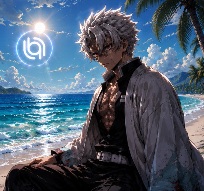 A white-haired anime character sits on a tropical beach beneath a glowing "LA" logo, symbolizing the "Liquidity Layer" Allbridge positions itself as—an invisible, reliable bridge connecting ecosystems, much like a calm horizon beneath a bright sun.