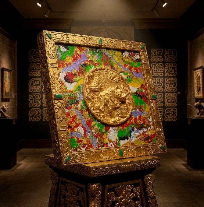 An ornate golden display piece featuring a circular medallion with figures in relief, surrounded by green jade-like stones and set against a colorful patterned background, displayed in a museum-like setting.