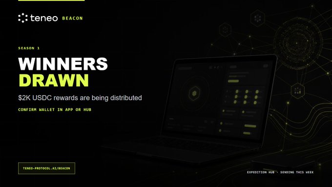 The image displays a laptop showing a graphic design of a black background with yellow lines representing USDC rewards. The text on the screen indicates that the top prize of $2K has been drawn, and winners have drawn their prizes into an EVM wallet connected to the user's Teneo app or Expedition Hub account. The post encourages the users to focus on their specific reward details before receiving their payouts, as this information is essential for claiming their rewards.
