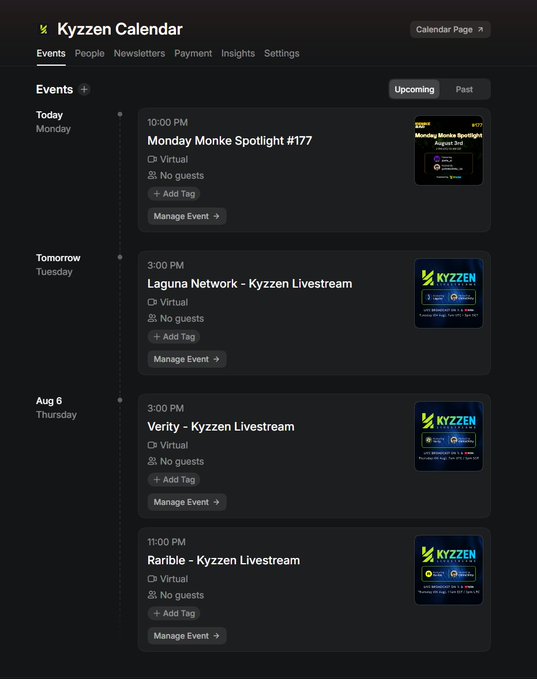 A 'Kyzzen Calendar' interface showing the 'Events' tab with upcoming events including 'Monday Monke Spotlight #177' at 10:00 PM, 'Laguna Network - Kyzzen Livestream' and 'Verity - Kyzzen Livestream' on Tuesday, and 'Rarible - Kyzzen Livestream' on Thursday, August 6.