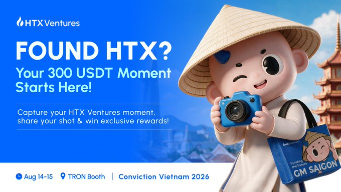 A promotional graphic for HTX Ventures announces a "Your 300 USDT Moment Starts Here!" contest at the TRON Booth during Conviction Vietnam 2026 (Aug 14-15), featuring a cheerful mascot in a conical hat taking a photo with a blue camera, aligning with the post's invitation to capture and share moments featuring the HTX Ventures logo.