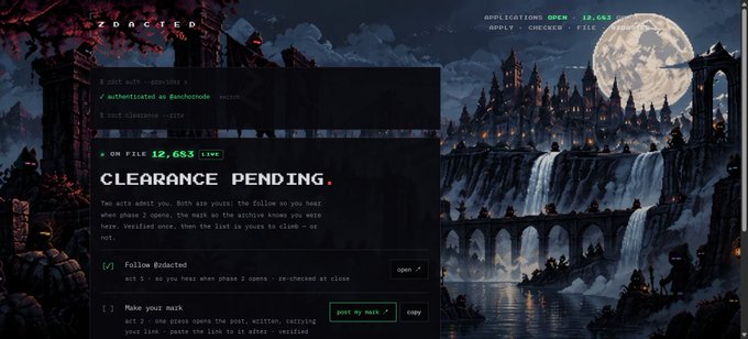Screenshot of a 'zdacted' website displaying a 'CLEARANCE PENDING' webpage with terminal-style code and a fantasy landscape illustration featuring a castle, waterfall, and full moon.