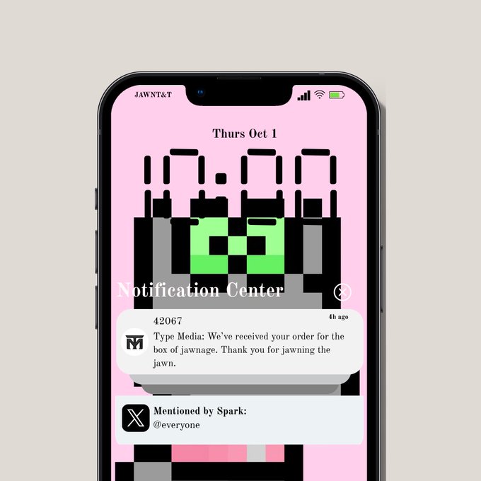 A mockup of an iPhone notification screen on Thursday, October 1st, with a pixelated green and black background and notifications from 'Type Media' and X (Twitter) mentioning '@everyone'.