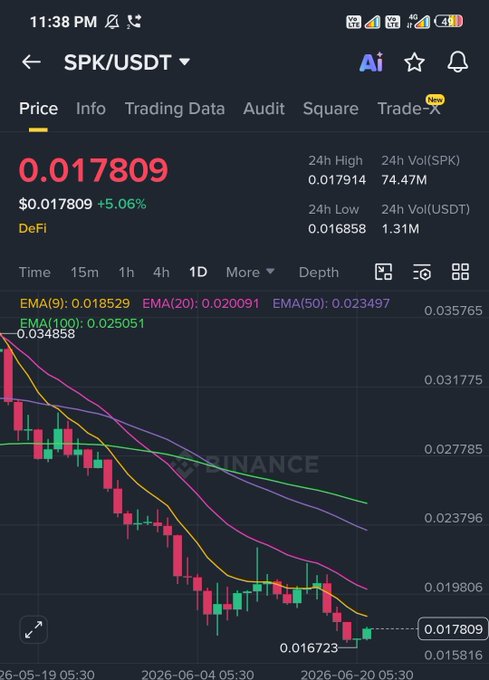 The image shows a stock chart with a downward trend, indicating that the stock has been losing value over time. The chart displays the stock's price decreasing from left to right, suggesting that it was once considered a top gainer but now appears to be in decline. The post on Spk USDT seems to be discussing this stock and its current status, possibly providing information about the stock's trading history or market sentiment.
