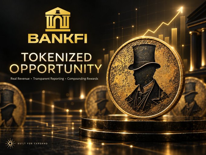 A promotional graphic for 'BANKFI - TOKENIZED OPPORTUNITY' highlighting 'Real Revenue • Transparent Reporting • Compounding Rewards' and 'Built for Cardano', featuring a gold coin with a silhouette of a man in a top hat.